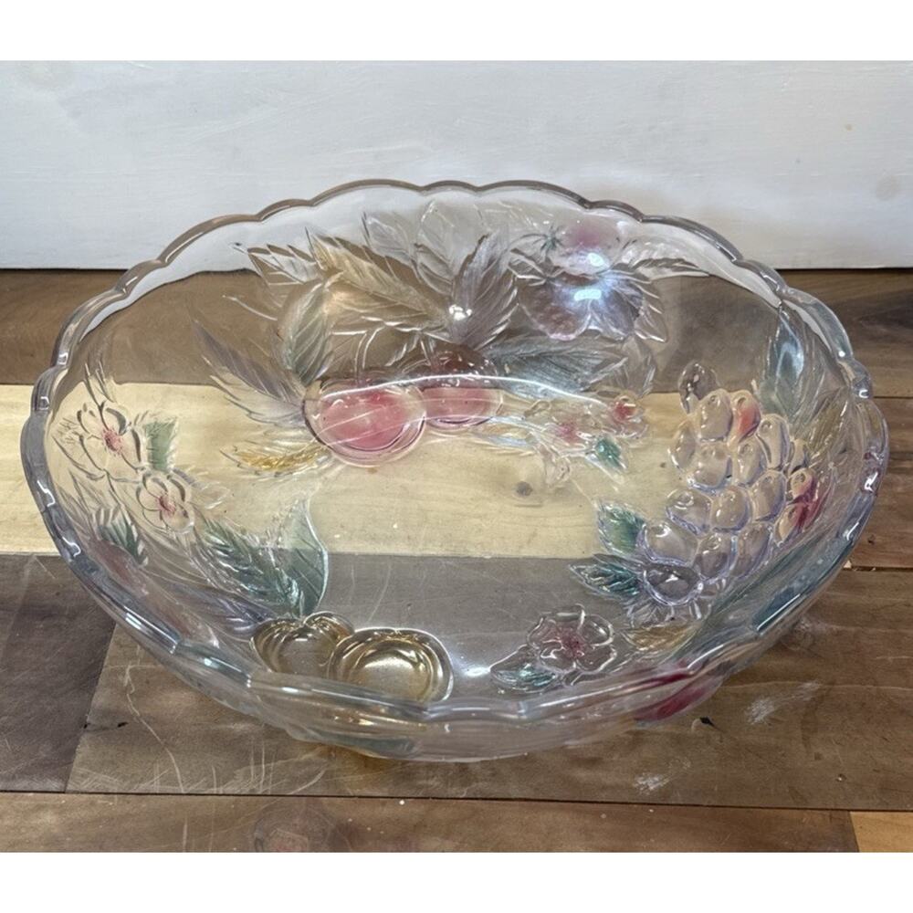 VTG INDIANA GLASS Fruit Bowl With Floral And Fruit Design 12x4”
